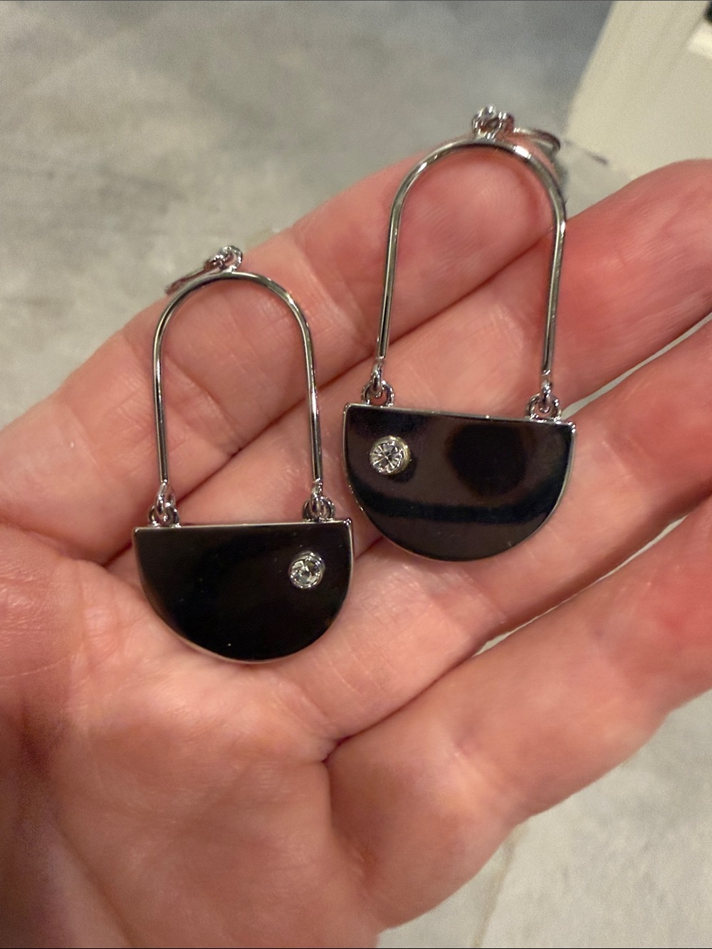 Origami Owl Silver Semi-Circle Drop Earrings with Clear Crystal Accent